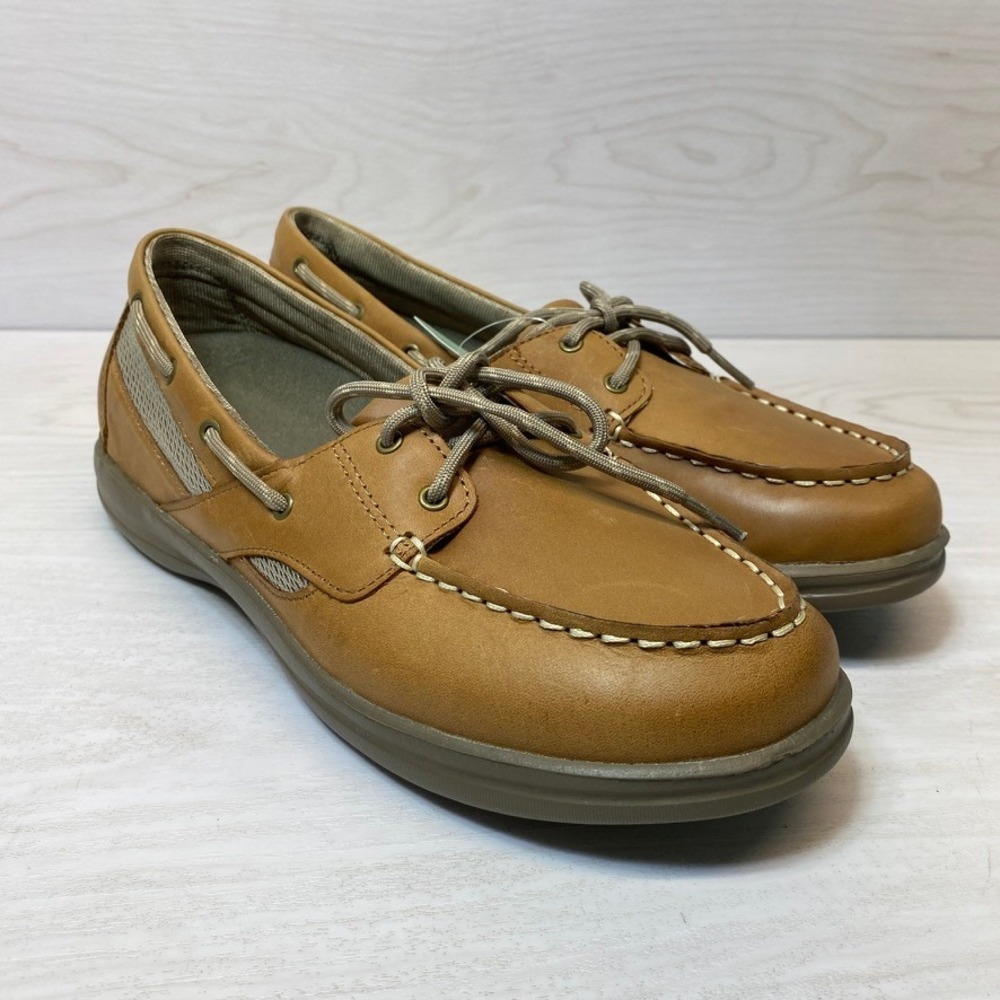 Apex Womens 9.5 Wide Boat Shoes A2200W Leather Loafers Tan Slip Resistant Flat